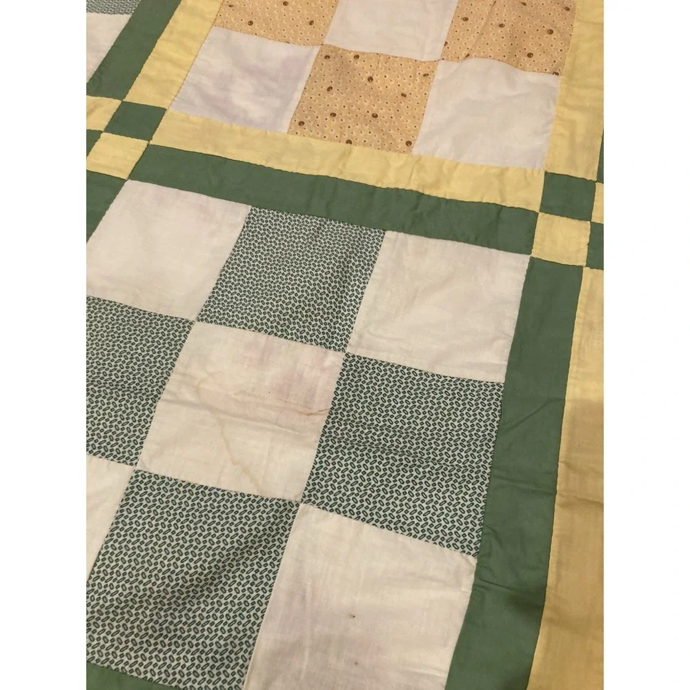 Vintage Hand Sewn Nine Patch Quilt Top Sashing And Cornerstones 70x81 Unfinished